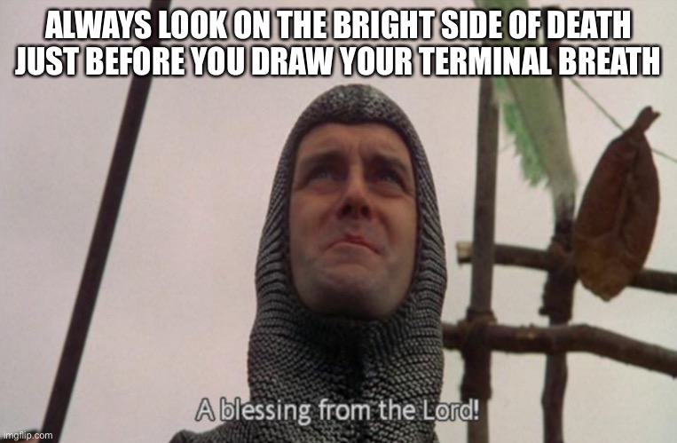 Monty Python | ALWAYS LOOK ON THE BRIGHT SIDE OF DEATH
JUST BEFORE YOU DRAW YOUR TERMINAL BREATH | image tagged in a blessing from the lord,bright side,death | made w/ Imgflip meme maker