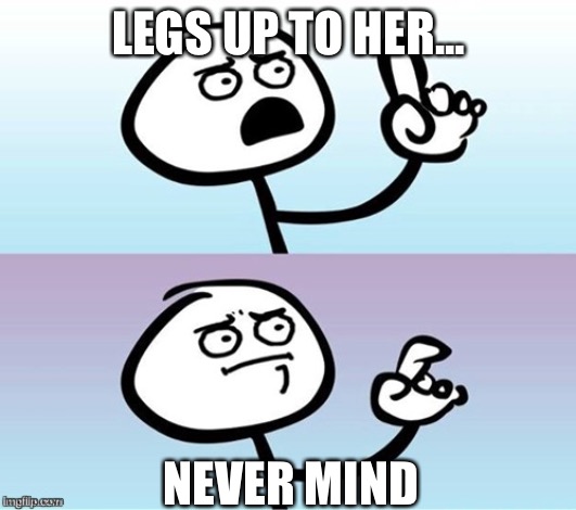Wait a minute!  Never mind. | LEGS UP TO HER... NEVER MIND | image tagged in wait a minute never mind | made w/ Imgflip meme maker