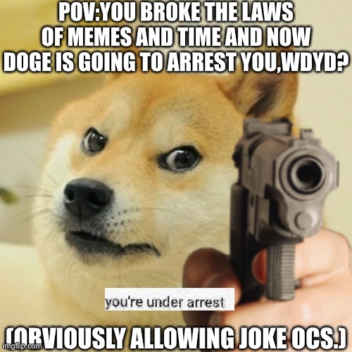 Why are you reading this? | POV:YOU BROKE THE LAWS OF MEMES AND TIME AND NOW DOGE IS GOING TO ARREST YOU,WDYD? (OBVIOUSLY ALLOWING JOKE OCS.) | image tagged in doge holding a gun,death | made w/ Imgflip meme maker