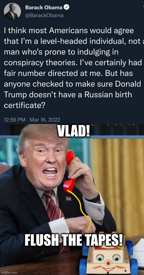 With apologies to Nixon who requested the tapes be burned | VLAD! FLUSH THE TAPES! | image tagged in i'm the president,irony,deep | made w/ Imgflip meme maker