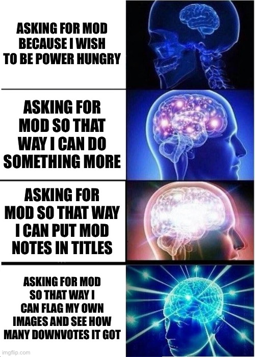 Yes | ASKING FOR MOD BECAUSE I WISH TO BE POWER HUNGRY; ASKING FOR MOD SO THAT WAY I CAN DO SOMETHING MORE; ASKING FOR MOD SO THAT WAY I CAN PUT MOD NOTES IN TITLES; ASKING FOR MOD SO THAT WAY I CAN FLAG MY OWN IMAGES AND SEE HOW MANY DOWNVOTES IT GOT | image tagged in memes,expanding brain | made w/ Imgflip meme maker