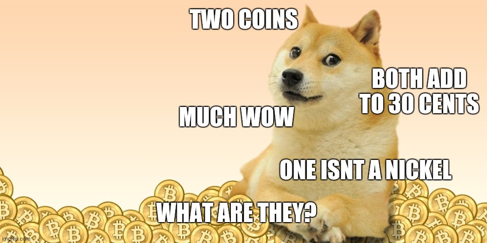 Doge riddle |  TWO COINS; BOTH ADD TO 30 CENTS; MUCH WOW; ONE ISNT A NICKEL; WHAT ARE THEY? | image tagged in doge coin | made w/ Imgflip meme maker