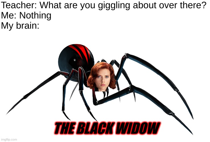 The Black Widow |  Teacher: What are you giggling about over there?
Me: Nothing
My brain:; THE BLACK WIDOW | image tagged in marvel,eye roll,memes,funny,black widow,scarlett johansson | made w/ Imgflip meme maker
