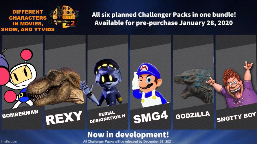 Here's the fighter pass | DIFFERENT CHARACTERS IN MOVIES, SHOW, AND YTVIDS; SERIAL DESIGNATION N; REXY; SMG4; GODZILLA; SNOTTY BOY; BOMBERMAN | image tagged in bomberman,jurassic world,murder drones,smg4,godzilla,barnyard | made w/ Imgflip meme maker