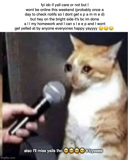 ight imma head out | fyi idc if yall care or not but I wont be online this weekend (probably once a day to check notifs so I dont get s p a m m e d) but hey on the bright side it's bc im done a l l my homework and I can s l e e p and I wont get yelled at by anyone everyones happy yayyyy 🥲🥲🥲; also I'll miss yalls tho 🥺🥺🥺🥺 k byeeee | made w/ Imgflip meme maker