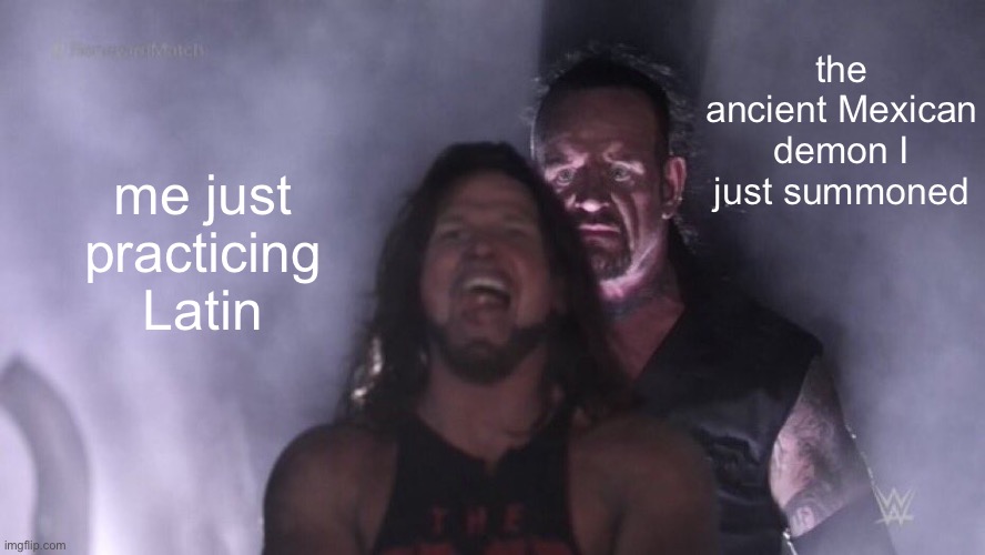uh oh | the ancient Mexican demon I just summoned; me just practicing Latin | image tagged in aj styles undertaker,uh oh,funny,memes,relatable,oh wow are you actually reading these tags | made w/ Imgflip meme maker