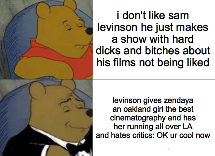 after one ep of Euphoria | i don't like sam levinson he just makes a show with hard dicks and bitches about his films not being liked; levinson gives zendaya an oakland girl the best cinematography and has her running all over LA and hates critics: OK ur cool now | image tagged in memes,tuxedo winnie the pooh | made w/ Imgflip meme maker