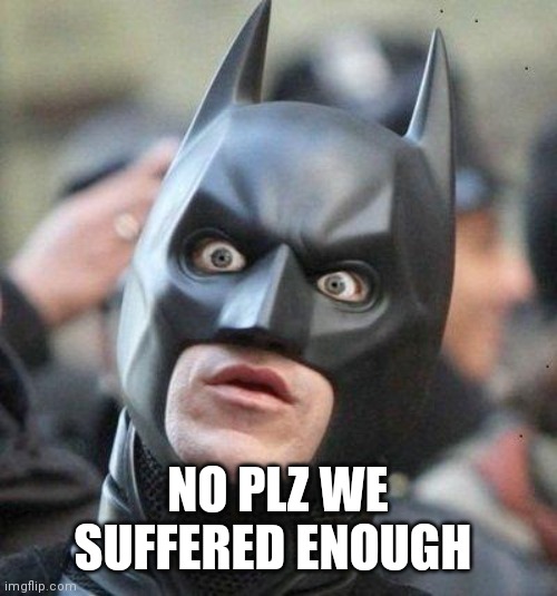 Shocked Batman | NO PLZ WE SUFFERED ENOUGH | image tagged in shocked batman | made w/ Imgflip meme maker