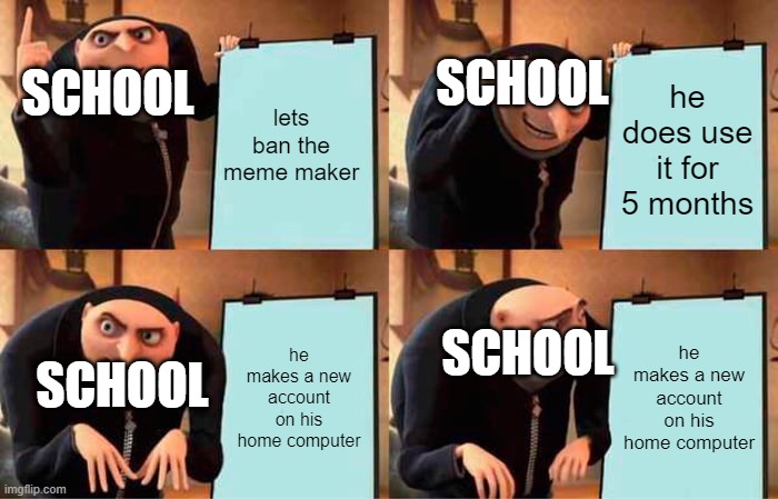 I_AM_EPIC09's return! | SCHOOL; SCHOOL; lets ban the meme maker; he does use it for 5 months; SCHOOL; he makes a new account on his home computer; he makes a new account on his home computer; SCHOOL | image tagged in memes,gru's plan | made w/ Imgflip meme maker