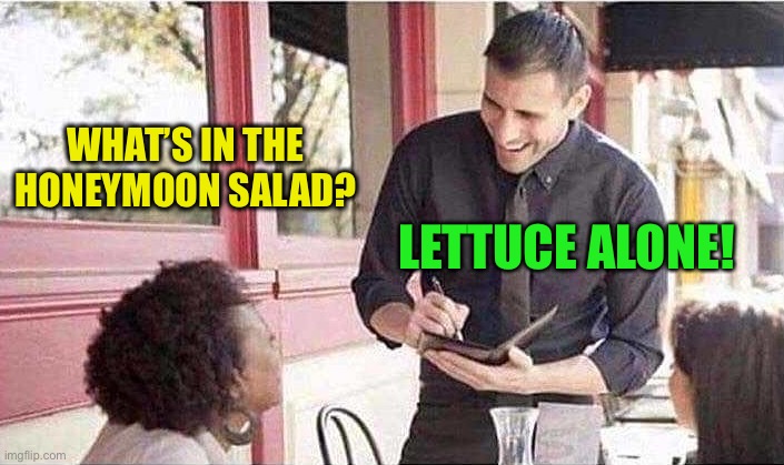 waiter taking order | WHAT’S IN THE HONEYMOON SALAD? LETTUCE ALONE! | image tagged in waiter taking order | made w/ Imgflip meme maker