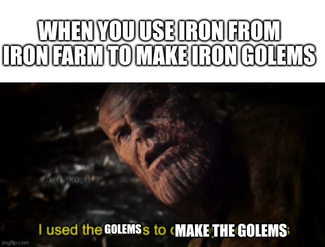 I used the stones to destroy the stones | WHEN YOU USE IRON FROM IRON FARM TO MAKE IRON GOLEMS; MAKE THE GOLEMS; GOLEMS | image tagged in i used the stones to destroy the stones | made w/ Imgflip meme maker