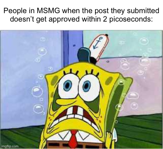 Ppl in MSMG be like | People in MSMG when the post they submitted doesn’t get approved within 2 picoseconds: | image tagged in stressed spongebob | made w/ Imgflip meme maker