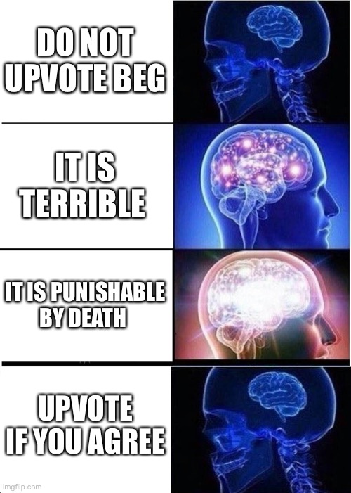 Noice | DO NOT UPVOTE BEG; IT IS TERRIBLE; IT IS PUNISHABLE BY DEATH; UPVOTE IF YOU AGREE | image tagged in memes,expanding brain | made w/ Imgflip meme maker