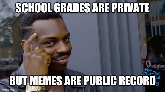 Roll Safe Think About It Meme | SCHOOL GRADES ARE PRIVATE BUT MEMES ARE PUBLIC RECORD | image tagged in memes,roll safe think about it | made w/ Imgflip meme maker