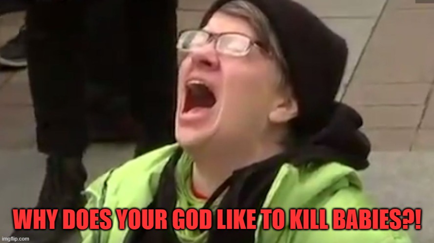 Screaming Liberal  | WHY DOES YOUR GOD LIKE TO KILL BABIES?! | image tagged in screaming liberal | made w/ Imgflip meme maker