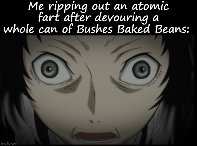 e | Me ripping out an atomic fart after devouring a whole can of Bushes Baked Beans: | image tagged in blank black,lmao,unfunny,e | made w/ Imgflip meme maker