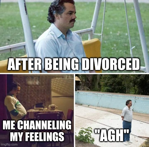 Sad Pablo Escobar | AFTER BEING DIVORCED; ME CHANNELING MY FEELINGS; "AGH" | image tagged in memes,sad pablo escobar | made w/ Imgflip meme maker