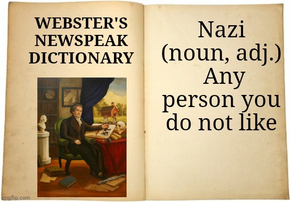 Dictionary meme | Nazi (noun, adj.)  Any person you do not like WEBSTER'S NEWSPEAK DICTIONARY | image tagged in dictionary meme | made w/ Imgflip meme maker