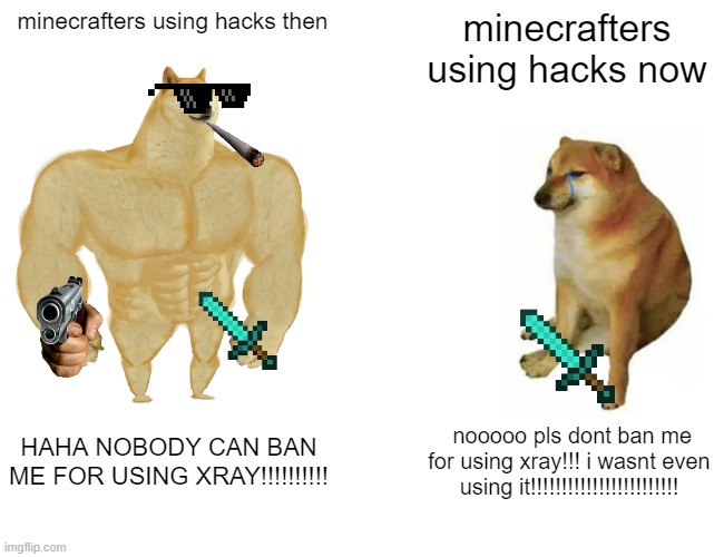 Buff Doge vs. Cheems Meme | minecrafters using hacks then; minecrafters using hacks now; HAHA NOBODY CAN BAN ME FOR USING XRAY!!!!!!!!!! nooooo pls dont ban me for using xray!!! i wasnt even using it!!!!!!!!!!!!!!!!!!!!!!!! | image tagged in memes,buff doge vs cheems | made w/ Imgflip meme maker