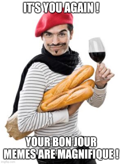 IT'S YOU AGAIN ! YOUR BON JOUR MEMES ARE MAGNIFIQUE ! | image tagged in scumbag french | made w/ Imgflip meme maker
