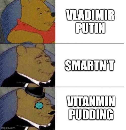 Tuxedo Winnie the Pooh (3 panel) | VLADIMIR PUTIN SMARTN’T VITANMIN PUDDING | image tagged in tuxedo winnie the pooh 3 panel | made w/ Imgflip meme maker