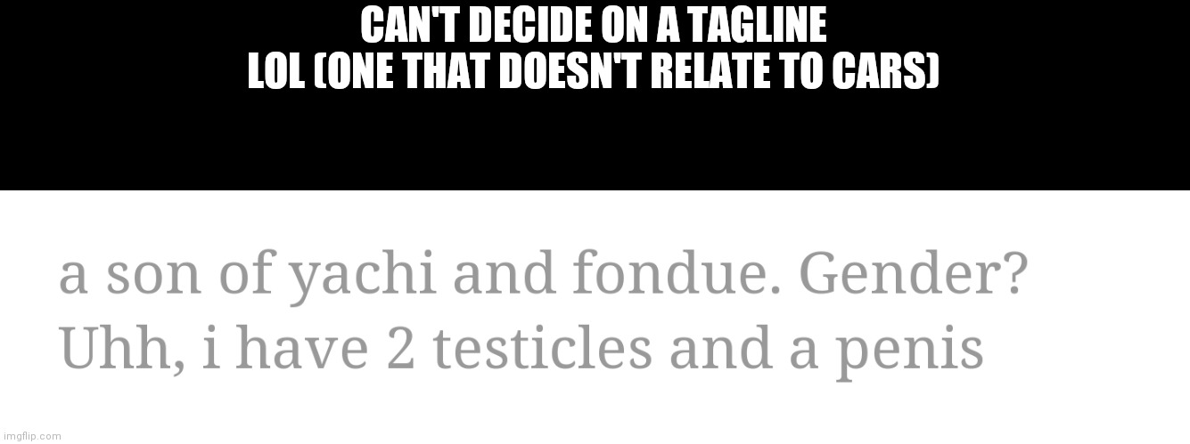 CAN'T DECIDE ON A TAGLINE LOL (ONE THAT DOESN'T RELATE TO CARS) | made w/ Imgflip meme maker