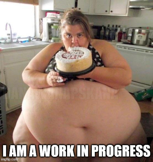 progress |  DANAWANAPSKANA; I AM A WORK IN PROGRESS | image tagged in too much food,obese,dating,psychology | made w/ Imgflip meme maker