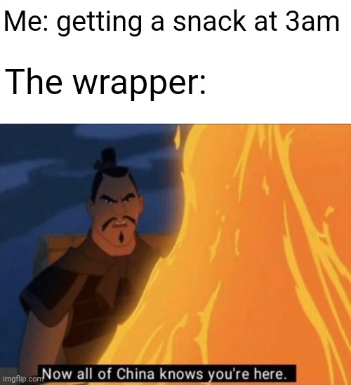 It's like they made them that loud on purpose | Me: getting a snack at 3am; The wrapper: | image tagged in blank white template,now all of china knows you're here,3 am,loud | made w/ Imgflip meme maker