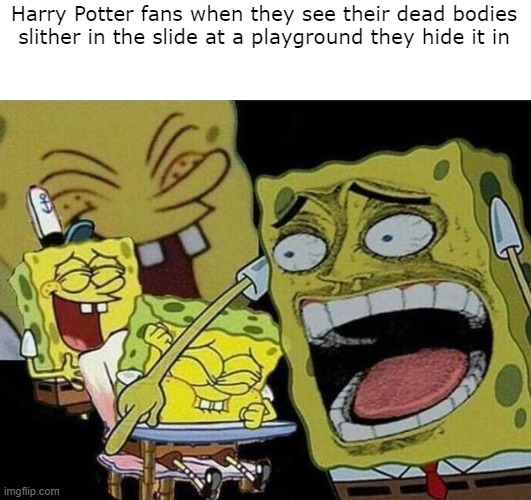 Spongebob laughing Hysterically | Harry Potter fans when they see their dead bodies slither in the slide at a playground they hide it in | image tagged in spongebob laughing hysterically | made w/ Imgflip meme maker