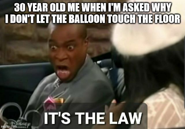 It's the law | 30 YEAR OLD ME WHEN I'M ASKED WHY I DON'T LET THE BALLOON TOUCH THE FLOOR | image tagged in it's the law | made w/ Imgflip meme maker