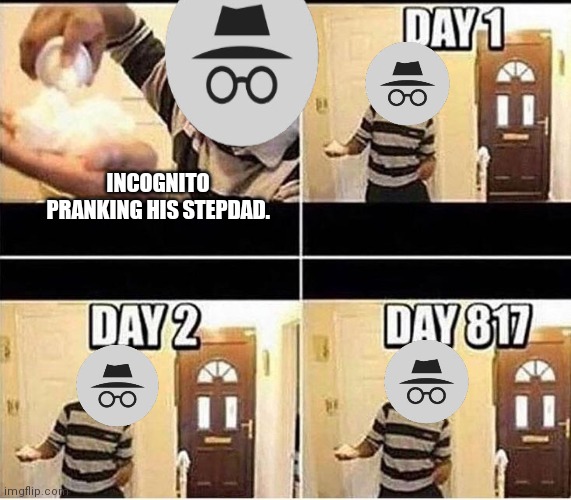 Incognito waiting for his stepdad... | INCOGNITO PRANKING HIS STEPDAD. | image tagged in gonna prank dad,incognito,misses his stepdad | made w/ Imgflip meme maker