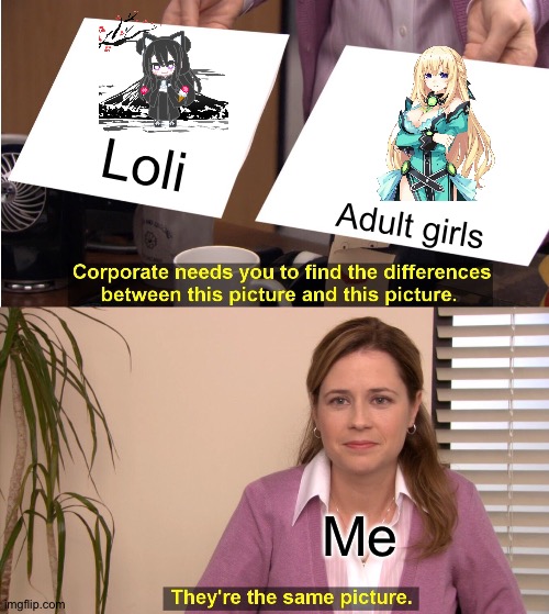 1- iq | Loli; Adult girls; Me | image tagged in memes,they're the same picture | made w/ Imgflip meme maker