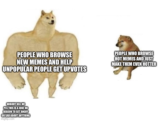 Hehe | PEOPLE WHO BROWSE NEW MEMES AND HELP UNPOPULAR PEOPLE GET UPVOTES; PEOPLE WHO BROWSE HOT MEMES AND JUST MAKE THEM EVEN HOTTER; NOBODY KILL ME PLS THIS IS A JOKE NO REASON TO GET ANGRY OR SAD ABOUT ANYTHING | image tagged in dog comparison,fun,bruh,new memes | made w/ Imgflip meme maker