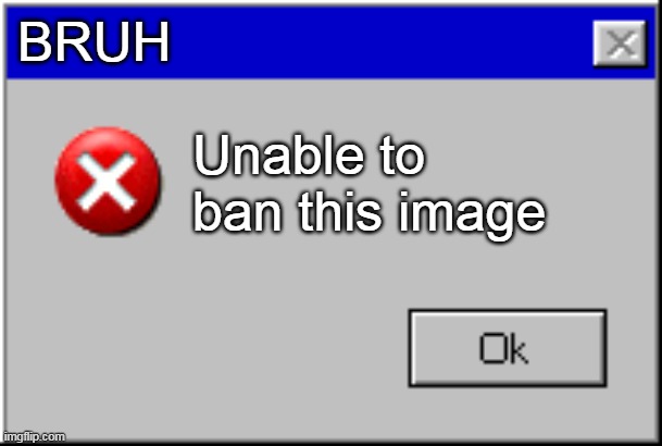 Windows Error Message | BRUH Unable to ban this image | image tagged in windows error message | made w/ Imgflip meme maker