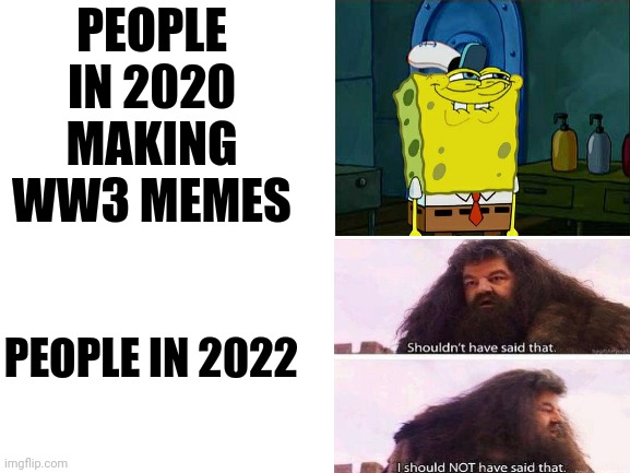 Yikes | PEOPLE IN 2020 MAKING WW3 MEMES; PEOPLE IN 2022 | image tagged in blank white template | made w/ Imgflip meme maker