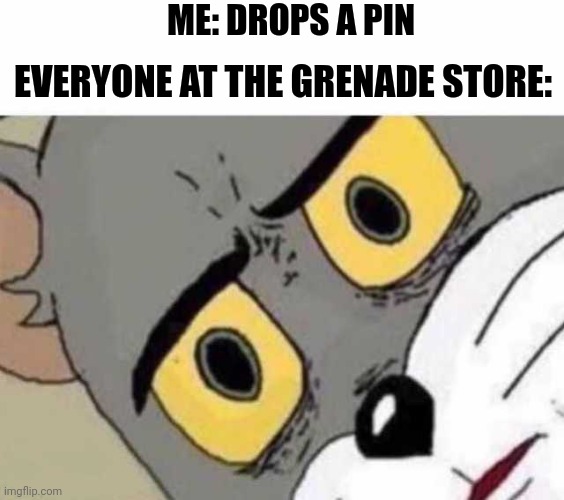 Tom Cat Unsettled Close up | ME: DROPS A PIN; EVERYONE AT THE GRENADE STORE: | image tagged in tom cat unsettled close up | made w/ Imgflip meme maker