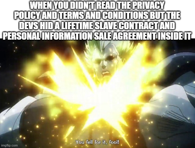  WHEN YOU DIDN'T READ THE PRIVACY POLICY AND TERMS AND CONDITIONS BUT THE DEVS HID A LIFETIME SLAVE CONTRACT AND PERSONAL INFORMATION SALE AGREEMENT INSIDE IT | image tagged in jojo you fell for it fool | made w/ Imgflip meme maker