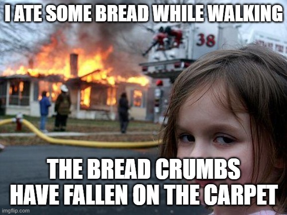 No | I ATE SOME BREAD WHILE WALKING; THE BREAD CRUMBS HAVE FALLEN ON THE CARPET | image tagged in memes,disaster girl | made w/ Imgflip meme maker