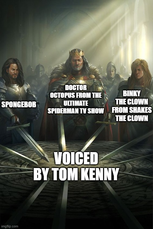 Spongebob voiced doctor otto octavious | DOCTOR OCTOPUS FROM THE ULTIMATE SPIDERMAN TV SHOW; SPONGEBOB; BINKY THE CLOWN FROM SHAKES THE CLOWN; VOICED BY TOM KENNY | image tagged in knights of the round table,memes,funny,spongebob,spiderman | made w/ Imgflip meme maker