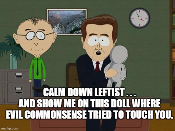 It's about reached this state of existence for leftists, hasn't it? | CALM DOWN LEFTIST . . . AND SHOW ME ON THIS DOLL WHERE EVIL COMMONSENSE TRIED TO TOUCH YOU. | image tagged in show me on this doll | made w/ Imgflip meme maker