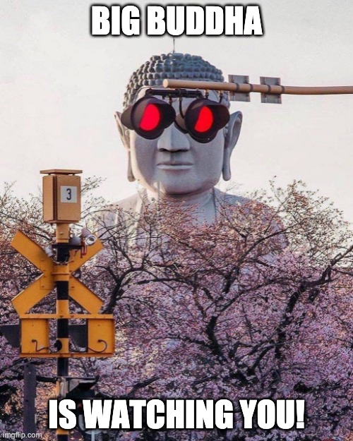 Big Brother Buddha | BIG BUDDHA; IS WATCHING YOU! | image tagged in 1984,surveillance,police state | made w/ Imgflip meme maker