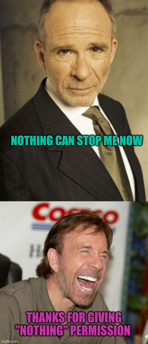 NOTHING CAN STOP ME NOW THANKS FOR GIVING "NOTHING" PERMISSION | image tagged in memes alias sloan,memes,chuck norris laughing | made w/ Imgflip meme maker