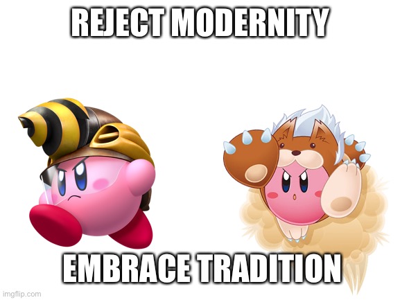 Kirby meme | REJECT MODERNITY; EMBRACE TRADITION | image tagged in kirby | made w/ Imgflip meme maker