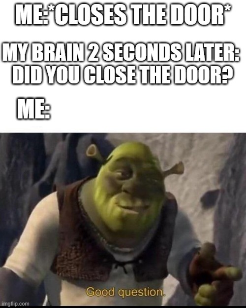 bro i hate it when it happens |  ME:*CLOSES THE DOOR*; MY BRAIN 2 SECONDS LATER:  DID YOU CLOSE THE DOOR? ME: | image tagged in shrek,bruh moment,rip | made w/ Imgflip meme maker