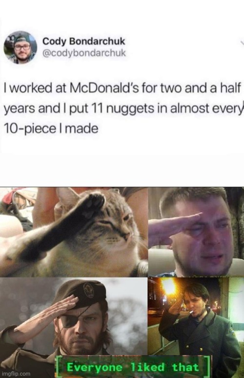 HERE IS A HERO | image tagged in ozon's salute,memes,mcdonalds,chicken nuggets | made w/ Imgflip meme maker