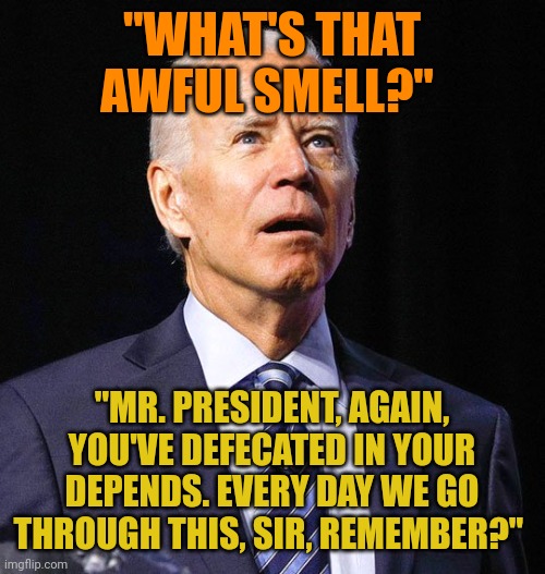 Biden's daily routine. Aides are getting tired of smelling Biden's s___ every day. We take it, they smell it. Biden is a pedo. | "WHAT'S THAT AWFUL SMELL?"; "MR. PRESIDENT, AGAIN, YOU'VE DEFECATED IN YOUR DEPENDS. EVERY DAY WE GO THROUGH THIS, SIR, REMEMBER?" | image tagged in joe biden,pedophile | made w/ Imgflip meme maker