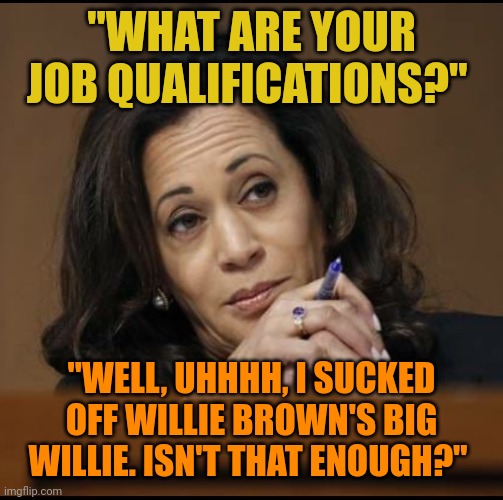 This was the most qualified Democrat female up for the position. Came after alot of 69 positioning. Kamala is a real PRO. | "WHAT ARE YOUR JOB QUALIFICATIONS?"; "WELL, UHHHH, I SUCKED OFF WILLIE BROWN'S BIG WILLIE. ISN'T THAT ENOUGH?" | image tagged in kamala harris,prostitute | made w/ Imgflip meme maker