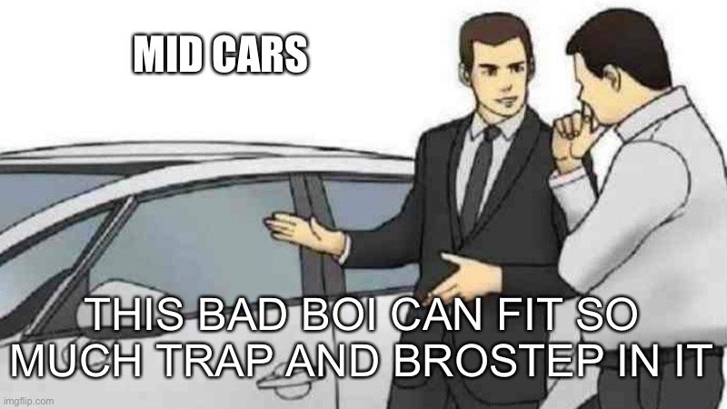 Mid cars | MID CARS; THIS BAD BOI CAN FIT SO MUCH TRAP AND BROSTEP IN IT | image tagged in memes,car salesman slaps roof of car,mid tempo,rezz | made w/ Imgflip meme maker