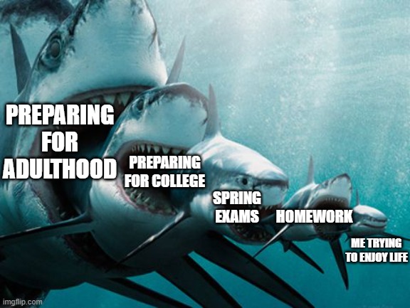 *insert title here* | PREPARING FOR ADULTHOOD; PREPARING FOR COLLEGE; SPRING EXAMS; HOMEWORK; ME TRYING TO ENJOY LIFE | image tagged in shark eating shark,sharks,memes,high school,life,stress | made w/ Imgflip meme maker