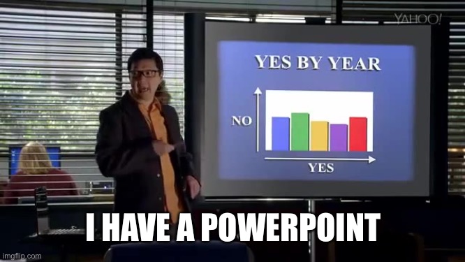 Chang Powerpoint No Yes by Year Community | I HAVE A POWERPOINT | image tagged in chang powerpoint no yes by year community | made w/ Imgflip meme maker